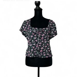 RUE 21 Black and Pink Flutter Sleeve Tie Front Blouse XL